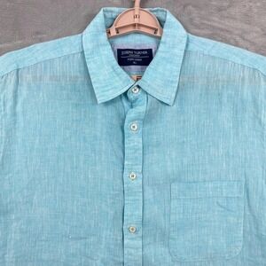 Joseph Turner Yorkshire Shirt Mens XL Blue Short Sleeve Button Up Pure Linen